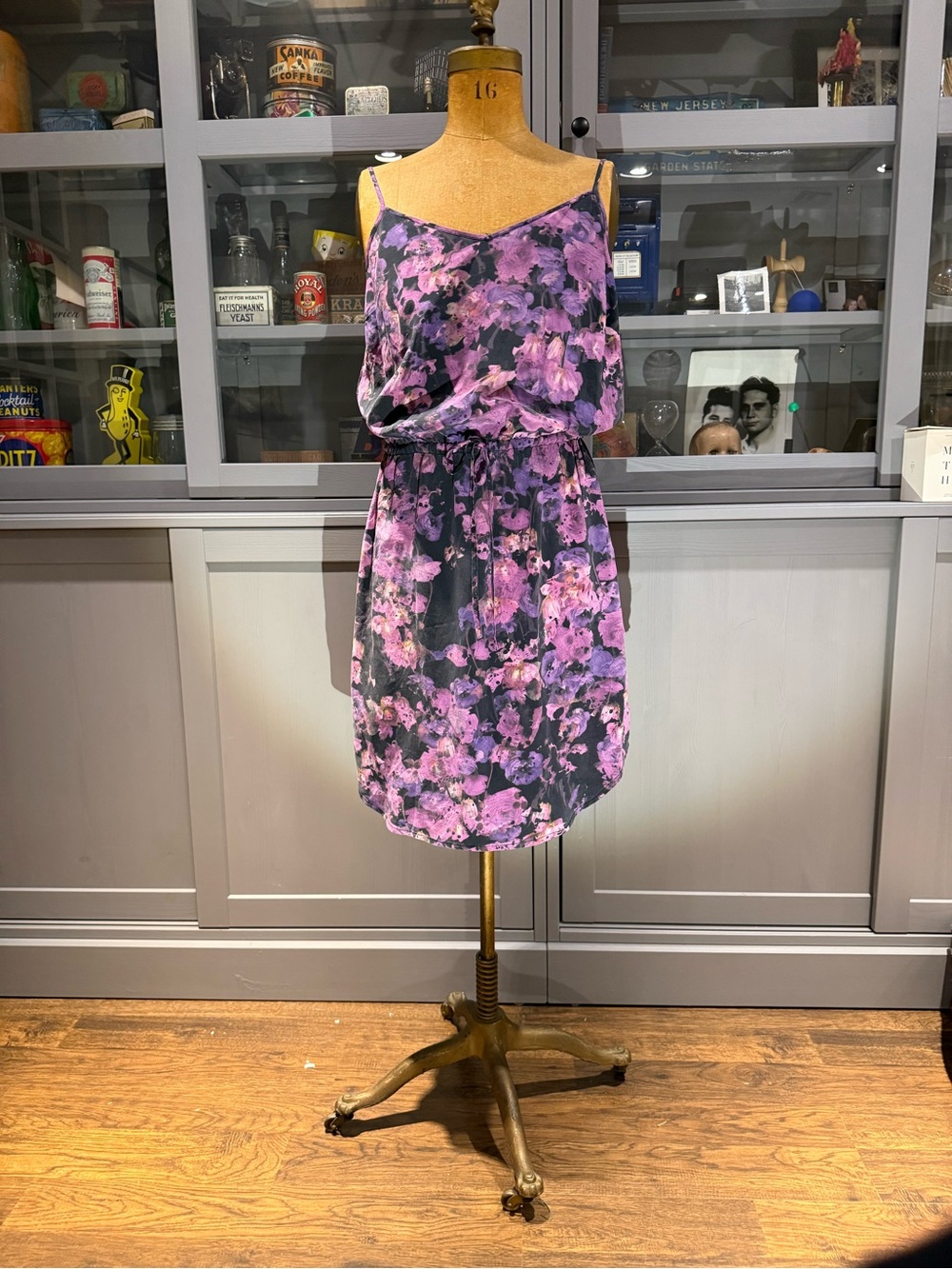 100% Silk Purple Floral Spaghetti-Strap Dress